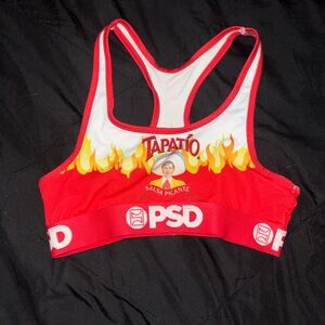 PSD Red Racerback Sports Bra with Yellow Flame Graphic